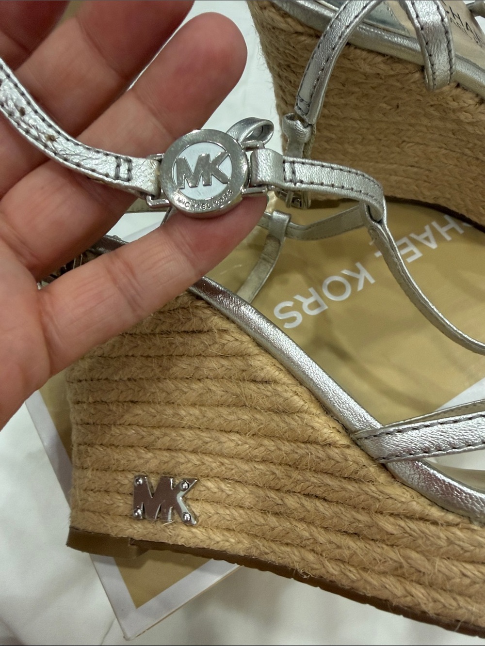 Michael Kors Metallic Silver Espadrille Wedge Sandals